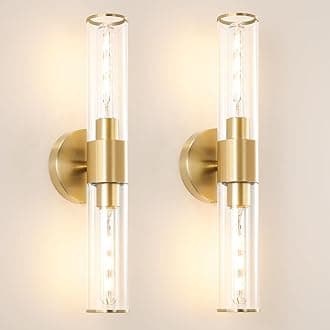 Gold Wall Sconces Set of 2, Hardwired Bathroom Vanity Light Fixture, Brass Sconce Wall Lighting, Modern Wall Light Set of Two, Cylinder Lamp for Bathroom Mirror Hallway Bedroom (Bulbs Required)