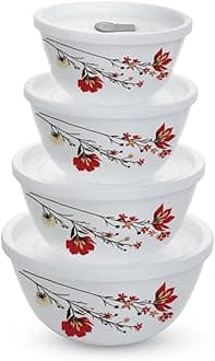 Larah by Borosil Chrys Red Set of 3 Mixing & Serving Bowls with Lids, Microwave Safe (500 ml, 1 L & 1.5 L)
