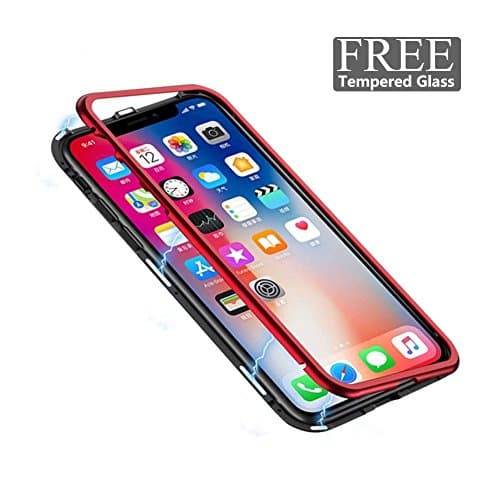iPhone 8 Plus Case, EXEcharge Magnetic Adsorption Metal Case Luxury Tempered Glass Cover (Red)