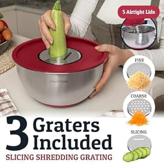 Priority Chef Stainless Steel Mixing Bowls with Lids Set, Metal Nesting Bowls with Airtight Lids, Graters, Non-Slip Base & Measurement Marks, Includes Utensil Set for Prep, Baking & Storage, Red