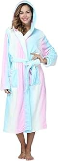 Womens Robes Plush Hooded Bathrobe Thick Soft Warm Nightgown with Pockets Fluffy Sleepwear