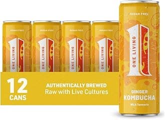 One Living Kombucha Drink - Ginger with Turmeric - 12 x 250ml Cans - Sugar Free, Great Tasting Authentically Brewed Kombucha with Live Cultures - Lightly Sparkling, 100% Natural, Vegan