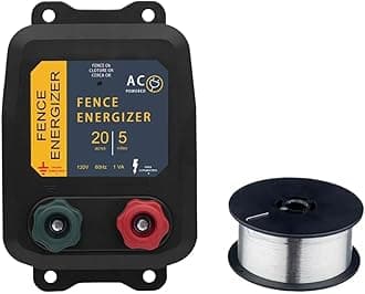 Electric Fence Energizer,PE5 Electric Fence Charger for Livestock Containing Pets and Animal Control-5 Miles/ 20 Acres AC Powered 120 Volt (with Aluminum Wire) 0.20 Joule