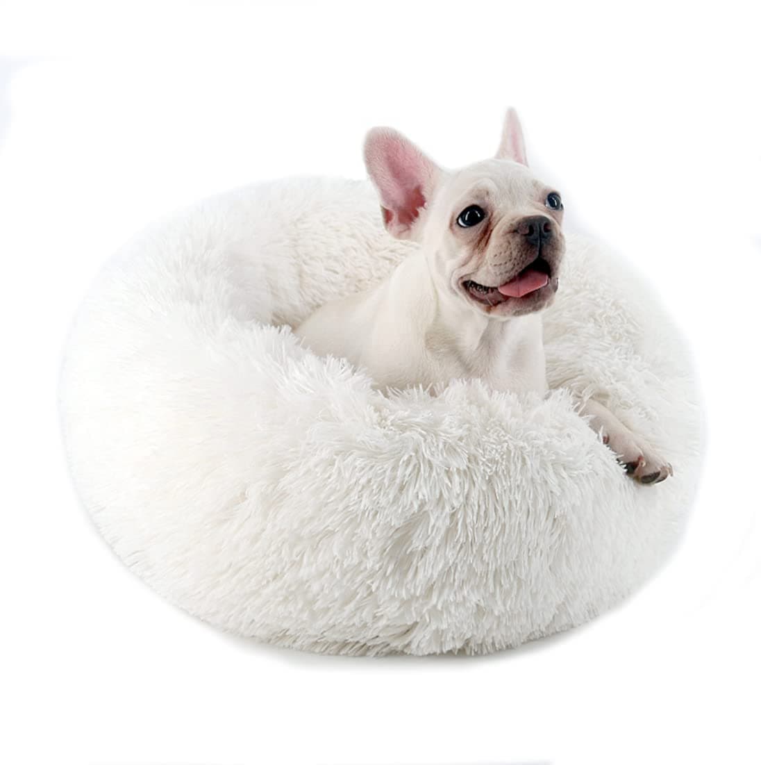 ALLNEODetachable Calming Dog Bed & Cat Bed for Small Medium Dogs and Cats,Machine Washable Donut Cuddler Pet Beds Original Faux Fur Fluffy Round Donut Pet Bed (M, White)