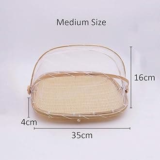 Bamboo Tent Basket Food Serving, Mesh Cover, Hand Woven Insect Bug Proof, Dustproof Fruit Vegetable Bread Storage Container for Picnic, Outdoor, Home Drying (Square,M)