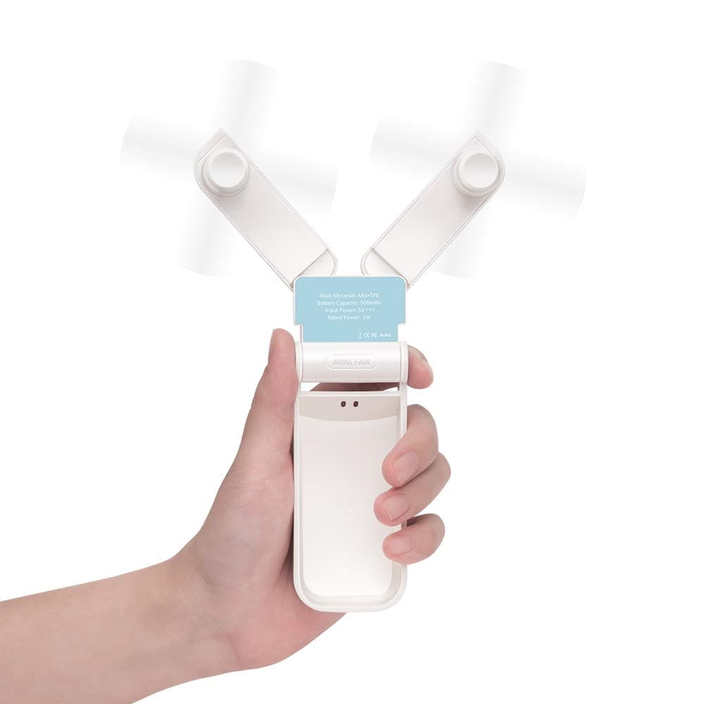 Portable Handheld USB Fan Rechargeable for Desk Table Adjustable Dual Head Fan USB Mini Folding Travel USB Fan Battery Operated Personal Fans for Outdoor Camping Sleeping Laptop Office Room (White)