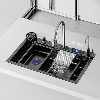 Stainless Steel Kitchen Sink – LED Display Smart Sink with Double Waterfall Design, Easy Installation, Includes Accessories, Installation Video (68 x 45 x 22 cm)