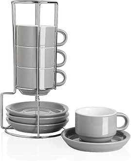 Sweejar Porcelain Espresso Cups with Saucers, 4 Ounce Stackable Cappuccino Cups with Metal Stand for Coffee Drinks, Latte, Tea - Set of 4 (Gray)