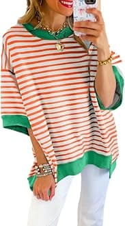 SHEWIN Womens Tops Casual Short Sleeve Sweatshirt Crewneck Striped Shirt Pullover T Shirts Loose Blouses