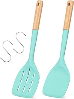 Pack of 2 Silicone Spatula, Non Stick Cooking Utensil Set Stainless Steel Handle Kitchen Turner for Baking Mixing Grilling Serving Food Heat Resistant Non Scratch Hooks Included (Green)