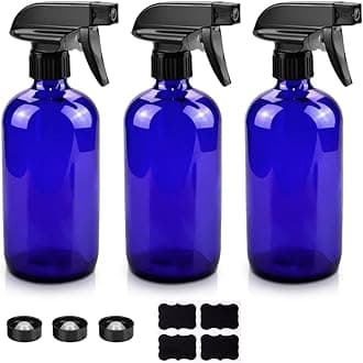 Glass Spray Bottles, 16oz Blue Glass Spray Bottles with Labels & Adjustable Nozzle, Reusable Containers for Cleaning, BBQ, Food, Plants, Alcohol, Essential Oils(3 Pack)