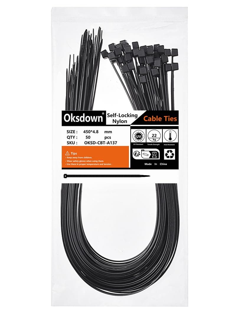 Cable Ties 450mm×4.8mm Black Thick Heavy Duty Large Strong Nylon Plastic Self Locking 18 inch/45 cm Extra Long Zip Tie Wraps, 50 Pack