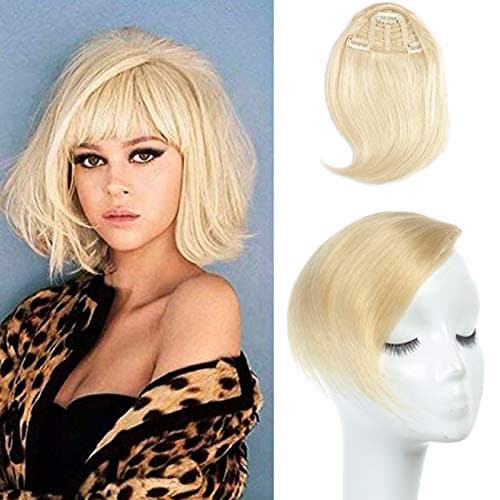 Side Bangs Clip in Bangs Real Human Hair One Piece Clip on Bangs Fringe Extensions Fashion Side Bangs Hairpiece For Lady Girl Women (#613, Bleach Blonde)