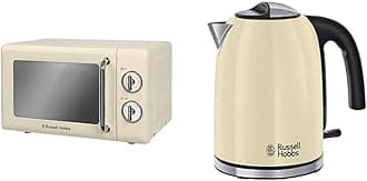 Russell Hobbs RHRETMM705C 17 L 700 W Cream Compact Retro Solo Manual Microwave with 5 Power Levels, Timer, Defrost Setting, Easy Clean & 20415 Stainless Steel Electric Kettle, 1.7 Litre, Cream