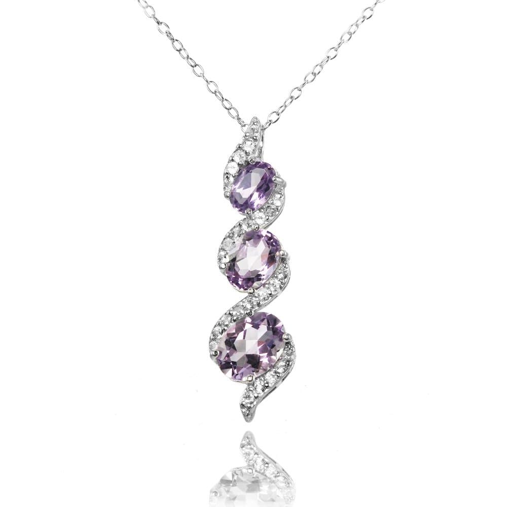 Ice Gems Sterling Silver Genuine, Created or Simulated and White Topaz Oval S Design Three-Stone Journey Necklace