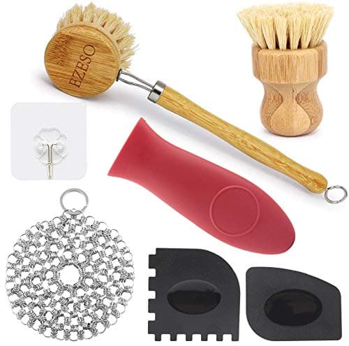 Cast Iron Scrubber - 7 Piece Cast Iron Cleaner Cast Iron Cleaning Kit Upgraded Stainless Steel Chainmail Scrubber Bamboo Dish Brush, Hot Handle Holder, Pan Grill Scrapers Household Cleaning Tools