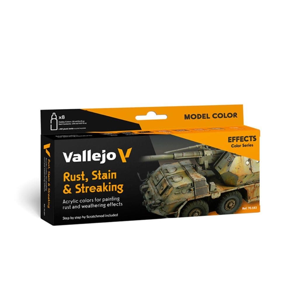 Vallejo Model Color Set, Acrylic Paint for Rust, Stain and Streaking Effects, 8 Matte Finish Colors in 18 ml Bottles with Dropper and Color Chart for Oxidation and Dirt Effects