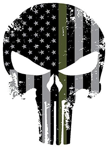 Punisher Skull 5.5 x 4 Inch Thin Green Line Tattered Subdued Us Flag. 3M Highly Reflective Vinyl Decal