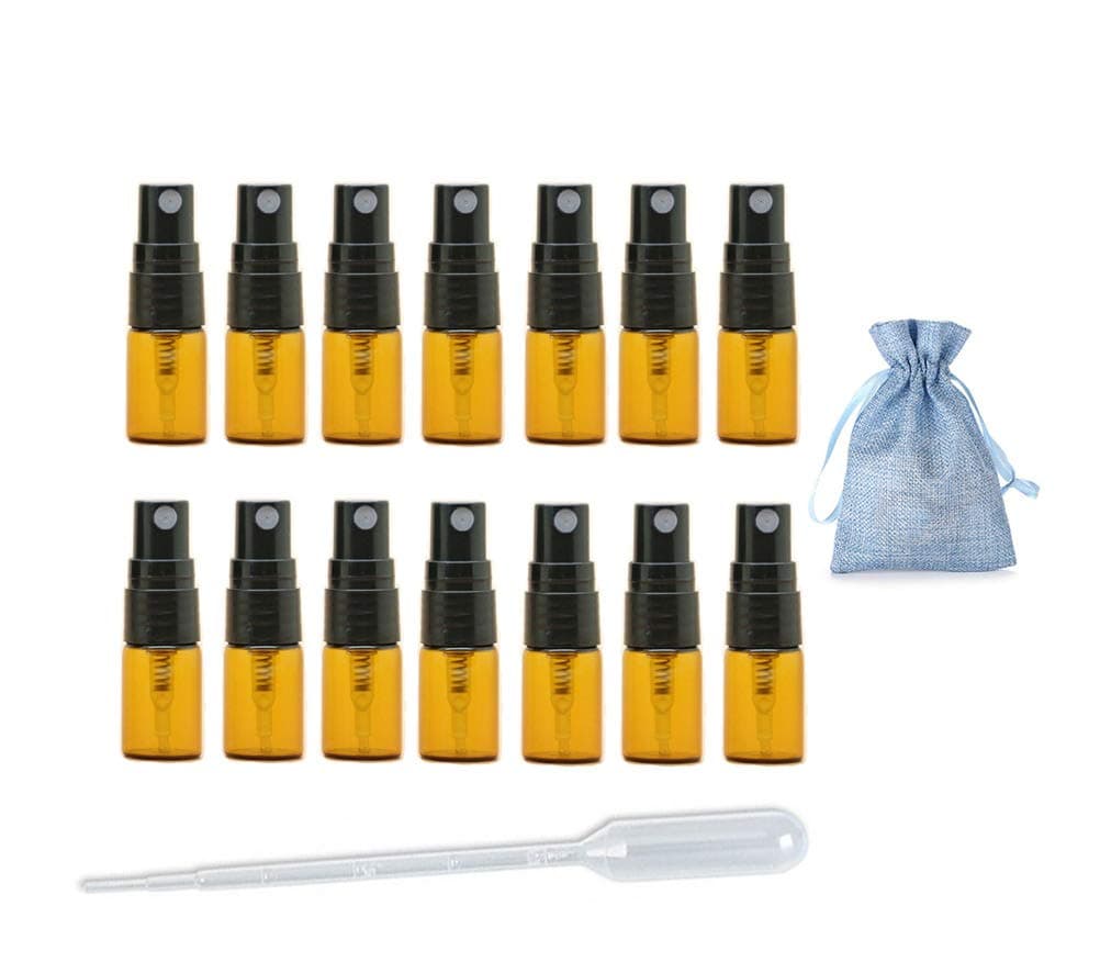 JJKMALL- 30pcs Brown Amber Fine Mist Mini 2ml Atomizer Vial Small Glass bottle Spray Refillable Perfume Empty Sample Bottle Free gift Storage bag 3ML Pipette Dropper for Travel Party