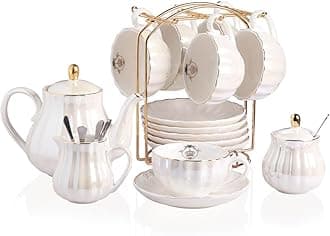 Porcelain Tea Sets British Royal Series, 8 OZ Cups& Saucer Service for 6, with Teapot Sugar Bowl Cream Pitcher Teaspoons and tea strainer for Tea/Coffee (Coral White)