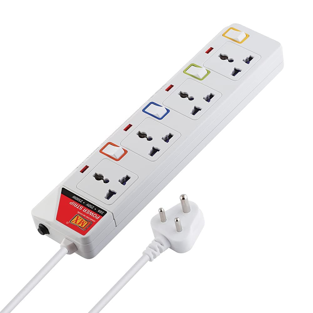 MX 4 Way Universal Power Strip with Individual Switch, 1.5 Meter Extension Board with Safety Shutter, Multi Plug Heavy Duty Extension Cord with Power Indicator for Home Office Computer Use