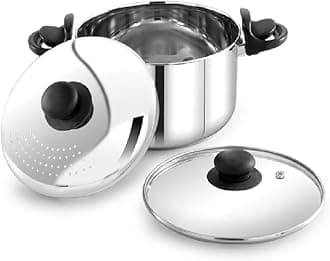 Praylady 5.0L Stainless Steel Strainer Pot with Glass Lid (24 CM) – Induction Base Multi-Purpose Cooking Pot for Pasta, Rice, Noodles, Vegetables – Pasta Pot, Anti-Locking, Dishwasher Safe