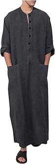 Kaftan Thobe Mens Short Sleeve V-Neck Linen Robe Big and Tall Muslim Robe Casual Loose Lightweight Long Sleeping Gown