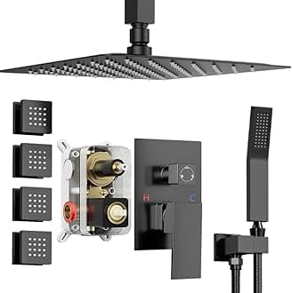 Shower System Matte Black Shower Faucet Set, Bostingner 10" Rain Shower Head with Handheld Spray and 4 Body Jets, Wall Mounted All Metal 3 Way Shower Set with Rough-in Valve and Trim Kit