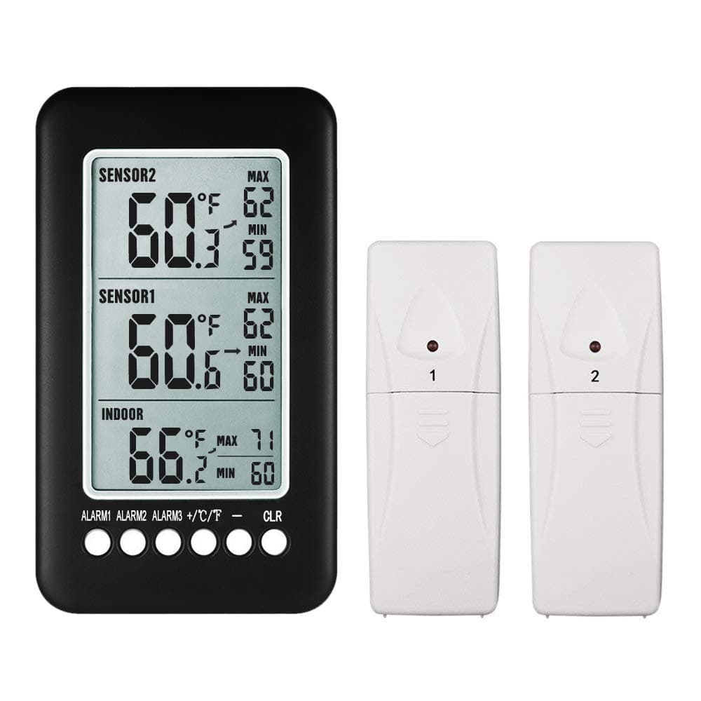 NeKan LCD Digital Wireless Indoor Outdoor Thermometer Clock Temperature Meter With Transmitter Refrigerator Thermometer for Home Comfort (two sensors)