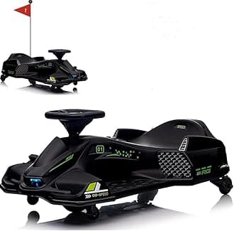 Drift Kart,24V Electric Go Kart for Kids 8+,7Ah Battery 180W Brushless Motor, with High/Low Speed Switch,Music,Front+Tail LED Light,Low-Power Alarm,5.5" Front Tire, for Riders up (Black 12v)