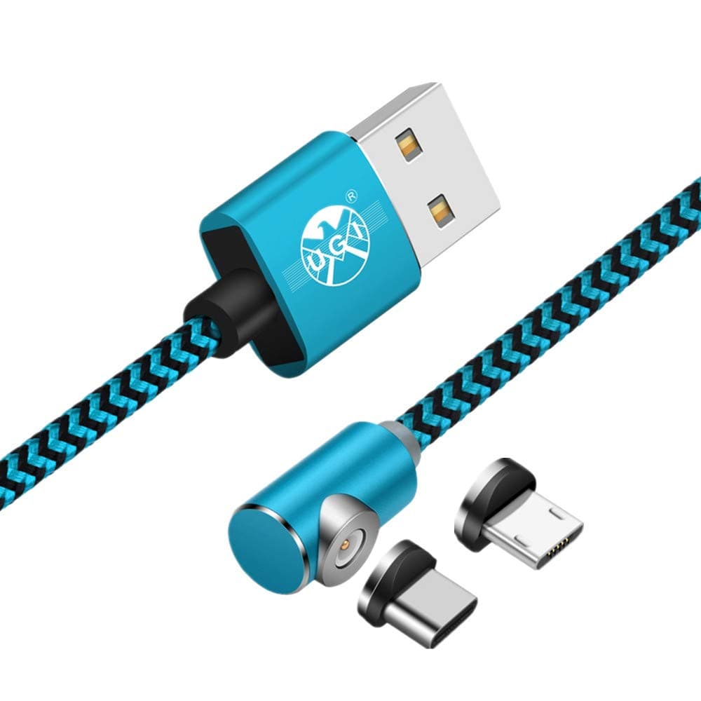 10FT/3M Nylon Braided Magnetic Charging Cable with 1 Android Connector and 1 Type C Connector 90 Degree Right Angle Magnet Round Head USB 2.0 A to Micro B + USB-C 2 in 1 Charger Cord - Blue