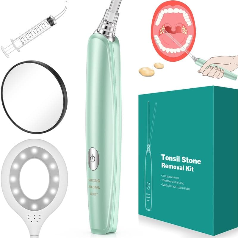 Tonsil Stone Remover Vacuum Electronic Tonsil Stone Removal Kit Instant Suction Tool Oral Irrigator Tonsil Stones Syringe Tongue Depressor 5X Magnifying Mirror 3 Modes Easy to Use