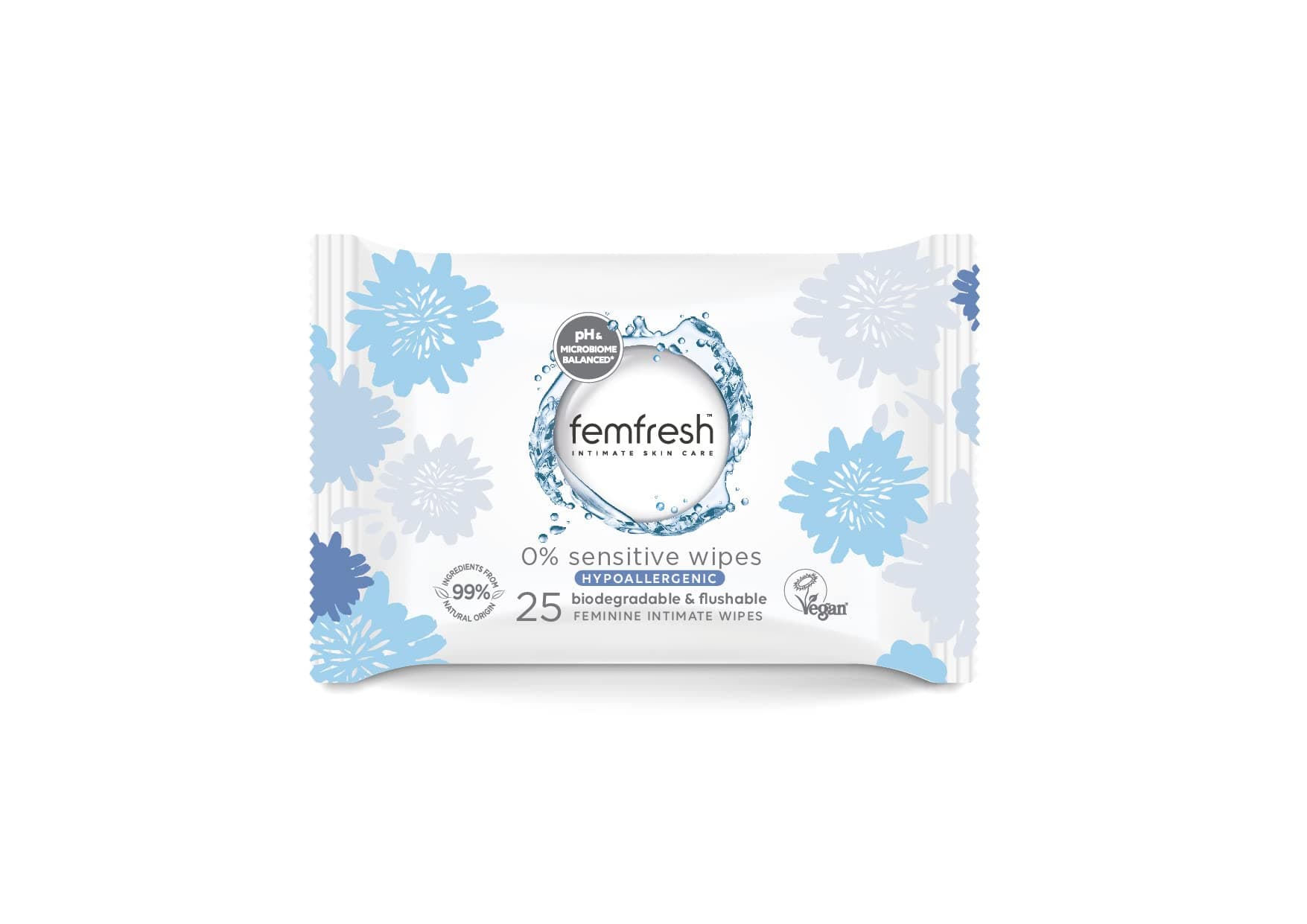 Femfresh 0% Sensitive Intimate Wipes, Biodegradable & Flushable, Made of 100% Plant Sourced Fibers, Fragrance & Soap Free, Unscented, Vegan, pH Balanced, Hypoallergenic Skin Care, Pack of 25