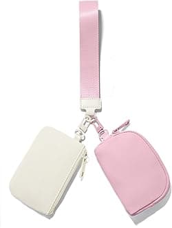 Mini Zip Around Keychain Wristlet Wallets Small Portable Dual Pouch Wristlet Detachable Coin Purse Pocket, Cream White+Pink, Small