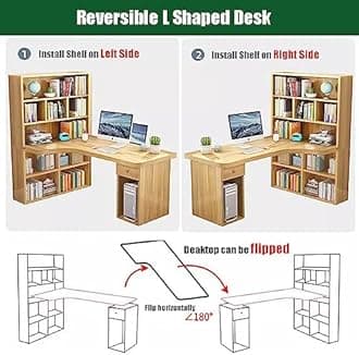 HM&DX L Shaped Desk with Hutch,Modern Wood L-Shaped Corner Desk with Drawers,47 Inch Computer Desk with Storage Shelves,Writing Study Table for Home Office Workstation Furniture