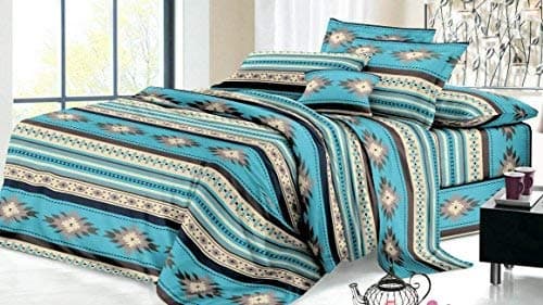 Rustic Western Southwest Native American Design 4 Piece Sheet Set Navajo Print Multicolor Ivory Beige Turquoise Blue and Black 17426 King Turquoise Sheet Set