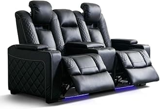 CANMOV Black Faux Leather Home Theater Seating with Ambient Lighting, Electric Power Recliner Chair, Adjustable Headrest, Hidden Arm Storage, Cup Holders, USB Ports