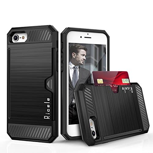 iPhone 7 Wallet Case Hybrid Slim Brushed Metal Design Case Credit Card Slot Holder for Apple iPhone 7 [Protective Grip Card Case] (Black)