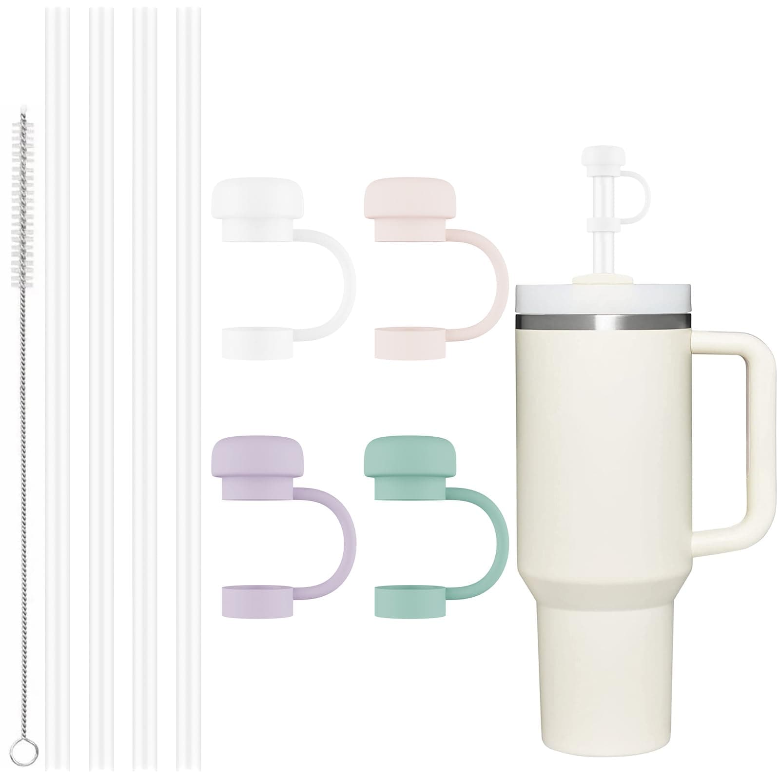 4 Pcs Straw Covers with Straws for Stanley Cup 40-20 oz, 0.4 inches Silicone Straw Cover Caps, Stanley Cups Accessories, Dust-proof and leak-proof (4 Straw Covers + 4 straw)