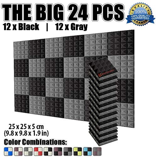 Dragon Dash 24 Pack of 9.8" x 9.8" x 1.9" Inches Black and Gray Acoustic Soundproofing Pyramid Foam Studio Treatment Wall Panel Tiles DD1034 (BLACK & GRAY)
