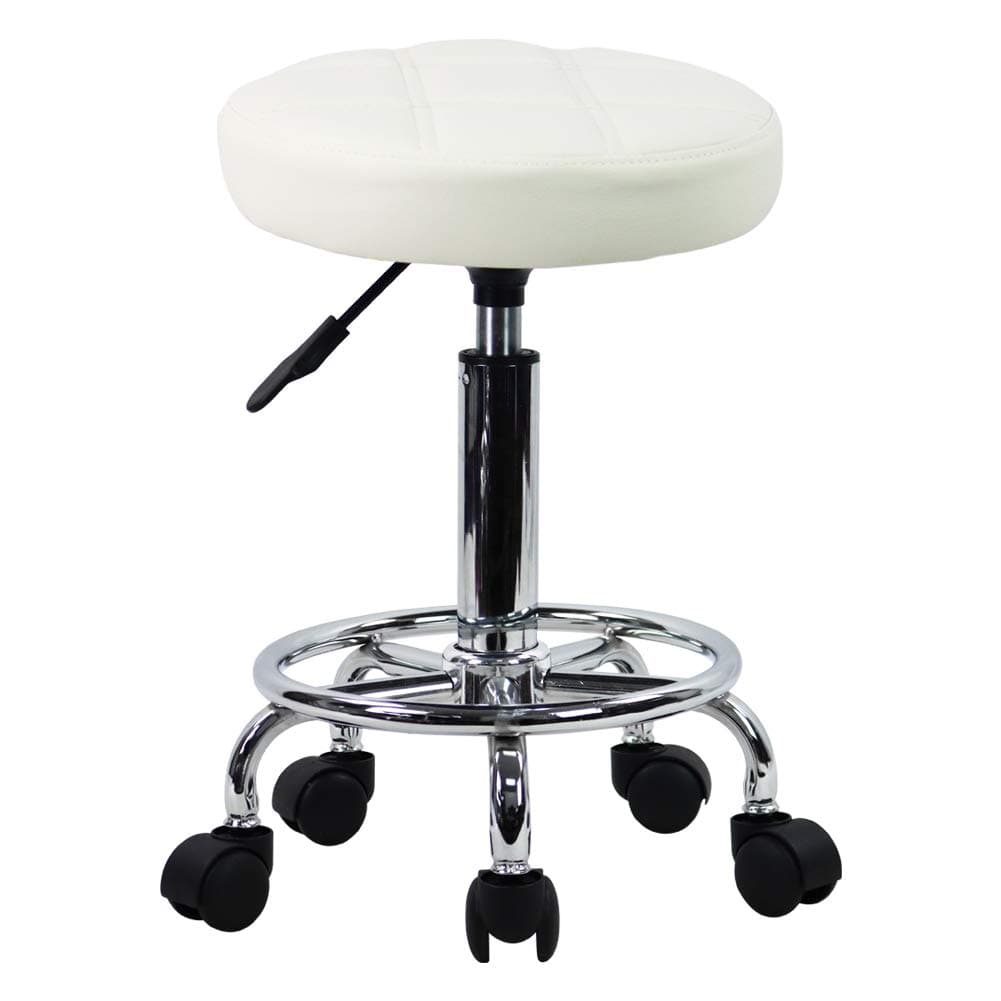 Round Rolling Stool Chair PU Leather Height Adjustable Swivel Drafting Work SPA Shop Medical Salon Stools with Wheels Office Chair Small (White)
