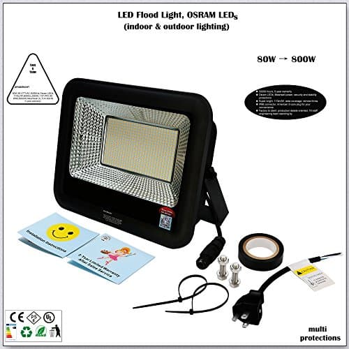 80W LED Flood Light, Work Light,Osram LED, 110lm/W 8712lm, 3200K, Meanwell Power, IP66,UL, 5-Year Warranty, Stability & Security Protection, US Plug, for Indoor Outdoor, Warehouse, Bridge,Tennis Court
