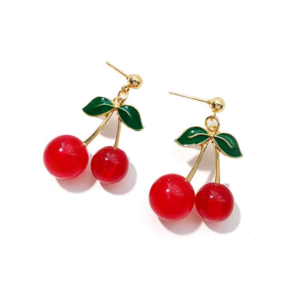 18K Gold Plated Fruit Earring 3D Green Leaf Red Cherry Charm Tassel Drop Stud Earrings