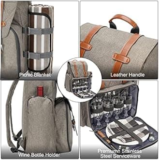 4 Person Picnic Backpack with Large Insulated Cooler Bag, Picnic Basket Set with Wine Bag, Waterproof Picnic Blanket and Cutlery Set Perfect for Beach, Camping, Party