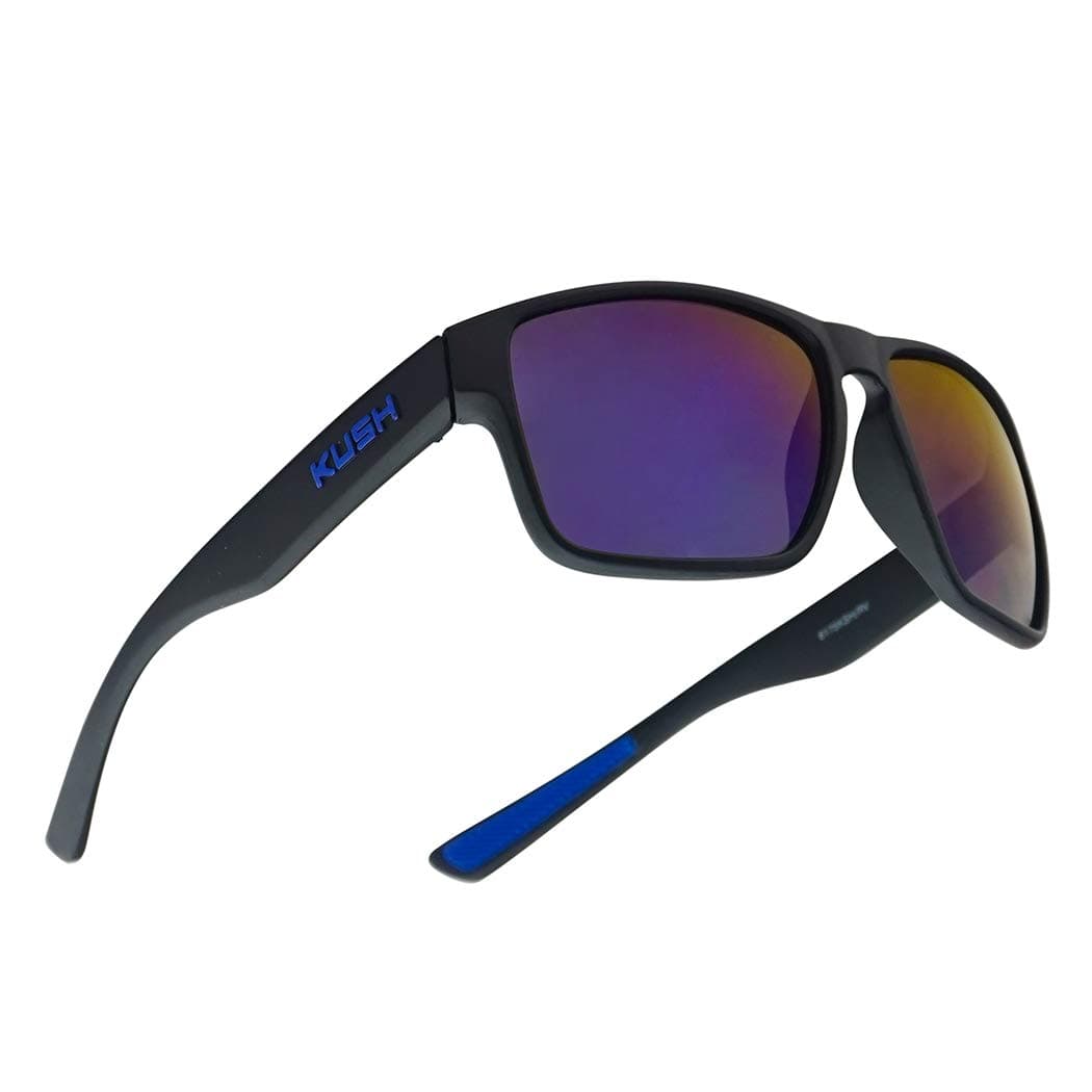 Classic Square Mirrored KUSH Wrap Around Sport Keyhole Soft Tip Sunglasses (Matte Black Frame, Blue)