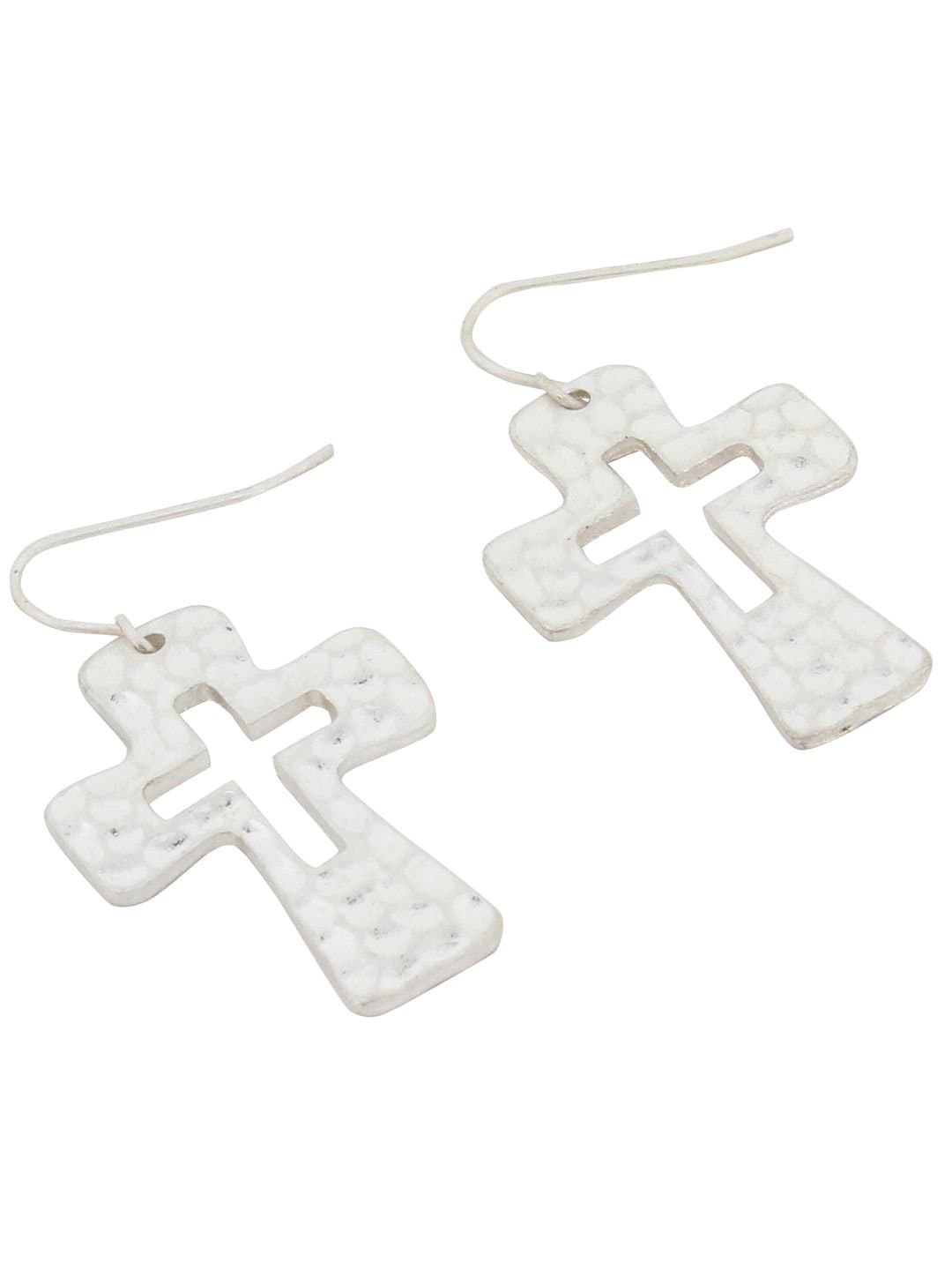 Silvertone Small Cut Out Cross Earrings. Fish Hook Style with 1.5" Drop.
