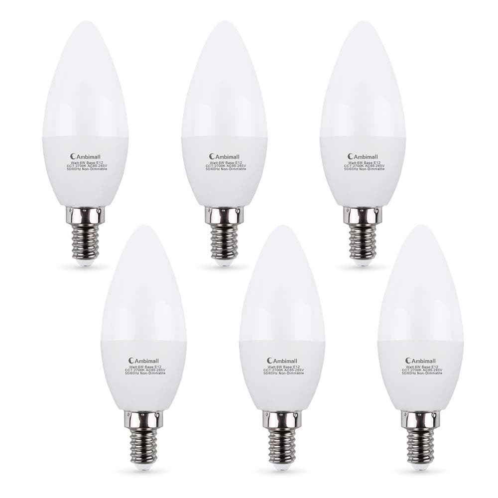 E12 LED Bulb 60Watts, Ambimall 6 Watt Candelabra Base Warm White 2700K 600Lumens, Chandelier Light Non Dimmable for Ceiling Fan(6 Pack)