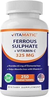 Vitamatic Ferrous Sulfate 325 mg with Vitamin C 100 mg (65 mg Elemental Iron) – High Potency Iron Supplement – No Artificial Colors – 250 Coated Tablets, Made in USA
