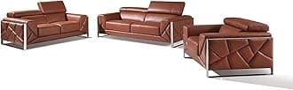 BlackJack Furniture Gianni Top Grain Italian Leather Set with 9-Position Adjustable Headrests, Contemporary Geometric Pattern, Chrome Hardware & Durable Hardwood Chair, Loveseat, Sofa, Camel