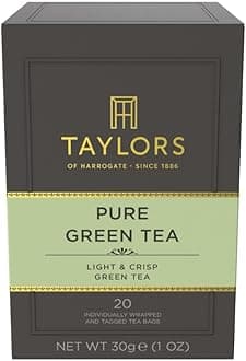 Taylors of Harrogate Pure Green Tea Individually Wrapped Bags, 20 Count (Pack of 6), Delicate, Mellow and Crisp, Caffeinated, Enjoy Hot or Iced, 120 Teabags Total